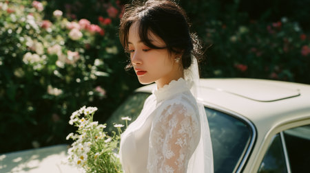 Bridal portrait in a garden with vintage car highlights natural beauty and elegance during golden hourの素材