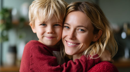 Mother and son share a joyful embrace in a cozy indoor setting during a sunny afternoonの素材