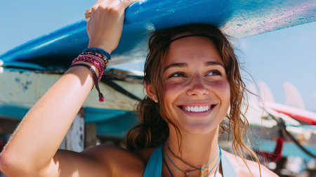 Smiling young woman holding surfboard over her head at a sunny beach during summerの素材