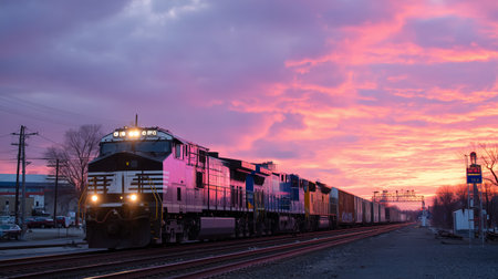 Trains pass through railway tracks under a vibrant sunset sky in an urban areaの素材