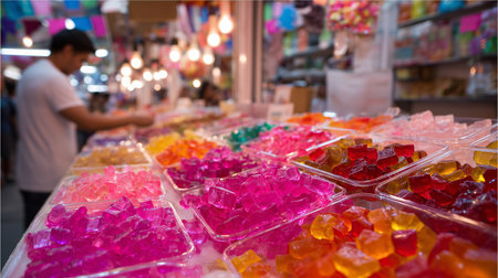 Colorful candy display at a vibrant market in the evening, showcasing various flavors and texturesの素材