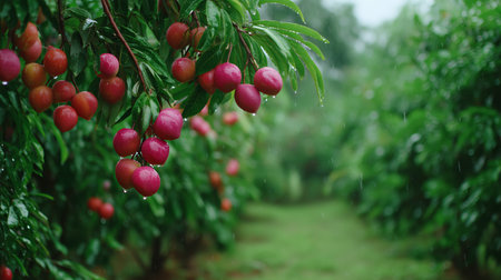Freshly ripened plums hanging on branches in a vibrant orchard during a gentle rainの素材