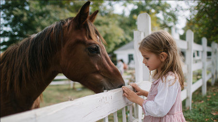 Young girl interacts with a brown horse at a farm in the countryside on a sunny dayの素材