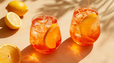 Refreshing summer drinks with lemon slices on a sunny patio for a vibrant outdoor experienceの素材