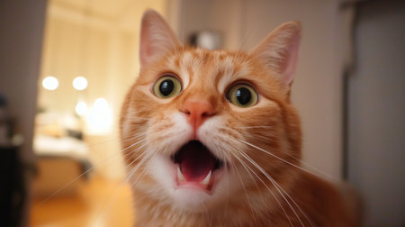 Curious orange cat with wide eyes and open mouth in cozy indoor setting during evening hoursの素材