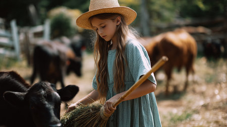 Young girl in a straw hat tending to cows on a sunny farm during summer morning activities in the countrysideの素材