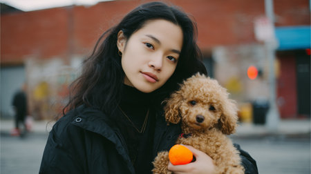 Young woman holds fluffy dog in urban setting during late afternoon strollの素材