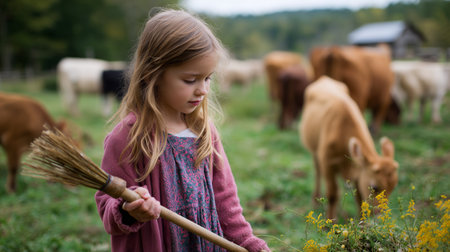 Young girl tending to flowers while cows graze in a peaceful rural setting during a cloudy afternoon in autumnの素材