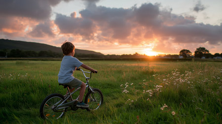 Young boy riding bicycle in a grassy field at sunset, enjoying the moment of tranquility and adventureの素材