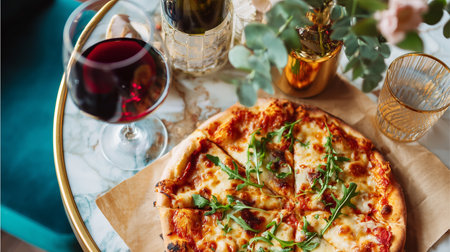 Delicious thin crust pizza served with red wine and fresh greenery in a stylish cafe settingの素材