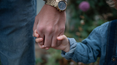 Family bond captured during a sunny afternoon in a garden, showcasing a parent and child holding handsの素材