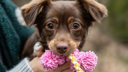 Small brown dog plays with a pink toy while being held in a persons arms outdoors in a natural settingの素材