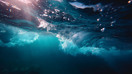 Underwater view of ocean waves and sunlight breaking through the surface at mid-day in a tropical locationの素材