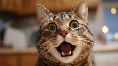 Cat with surprised expression in kitchen setting during evening hoursの素材