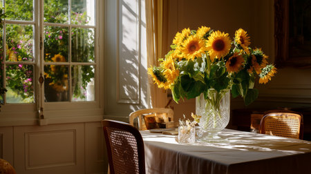 Sunlit dining area with a bouquet of sunflowers and view of a garden in a cozy home during afternoon hoursの素材