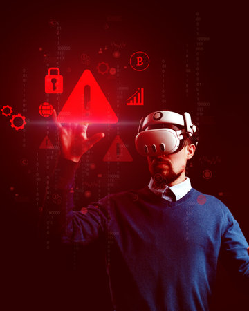 Man interacting with virtual reality display showing warning icons and data in a dark environment...