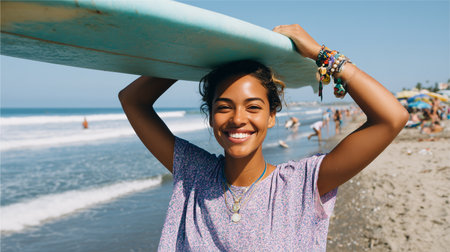 Smiling surfer enjoying the beach while holding a surfboard under a clear blue sky on a sunny day at the coastlineの素材