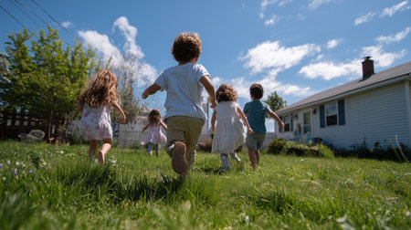 Children running joyfully in a bright backyard under a sunny sky in springtimeの素材