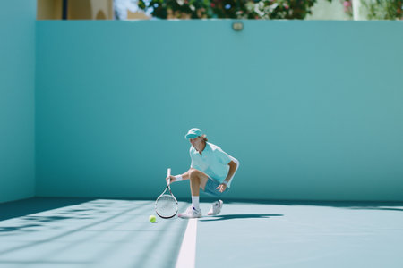 Player makes a quick move on a bright blue tennis court during a sunny day, showcasing skill and focusの素材