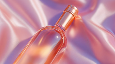 Elegant glass bottle resting on soft satin fabric in pastel tones showcases sophistication and modern designの素材