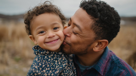 Smiling father shares a joyful moment with his child in a field during a cloudy dayの素材