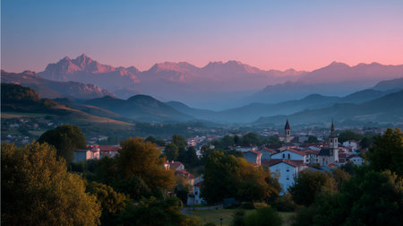 Vibrant sunrise over a picturesque village nestled in mountainous terrain during early morning hoursの素材