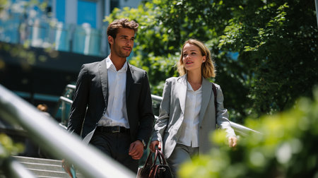 Two professionals walking together in a modern urban environment during a sunny dayの素材