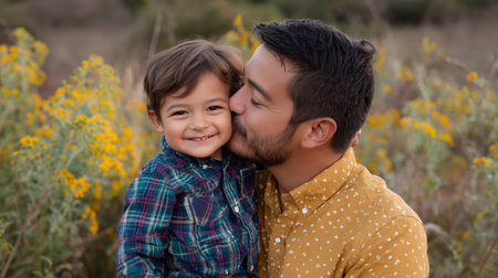 Father kisses son while surrounded by yellow flowers during golden hour in natureの素材
