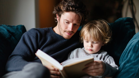 Father and child sharing a cozy reading moment on a plush sofa during a quiet afternoonの素材