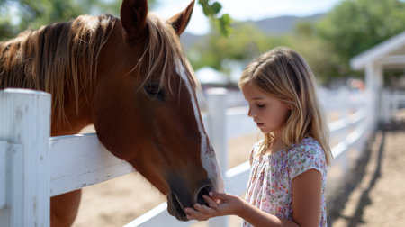 Girl interacts with a friendly horse at a ranch during a sunny afternoonの素材