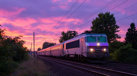 Train travels along tracks under a vibrant sunset sky in the countryside near a small townの素材
