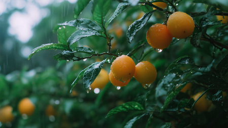 Fresh oranges growing on tree branches during a gentle rain in a serene garden settingの素材