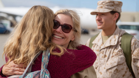 Emotional reunion at the airport as family greets soldier returning home from deployment in winter afternoon lightの素材