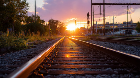 Sunset casting golden light on railway tracks in a tranquil settingの素材