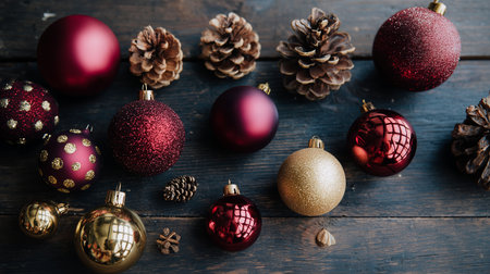 Festive ornaments and pine cones arranged on a rustic wooden surface during the holiday seasonの素材