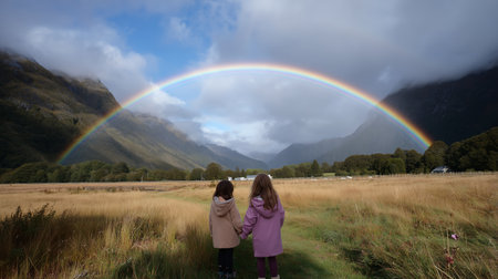 Two children admire a vibrant rainbow over a valley surrounded by mountains in a serene landscapeの素材