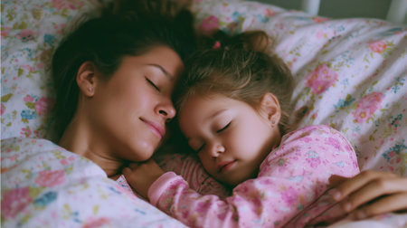 Mother and daughter peacefully sleeping together in a cozy bed adorned with floral sheets during a sunny morningの素材
