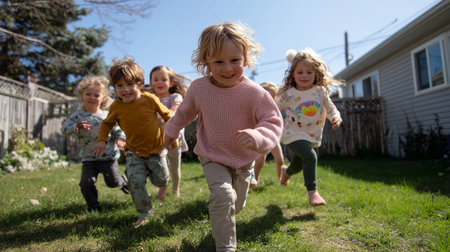 Children run joyfully across a green backyard on a sunny day while playing together in the warm afternoon lightの素材