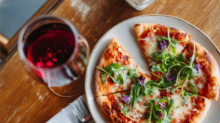 Delicious pizza topped with greens and a glass of red wine on a wooden table in a cozy restaurantの素材