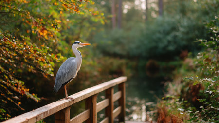 Heron perched on wooden railing by serene water in lush forest during golden hourの素材