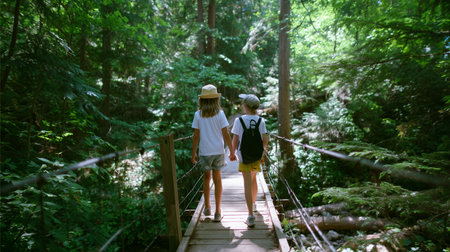 Children walking hand in hand across a wooden bridge surrounded by lush green forest during daytimeの素材