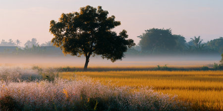 Golden rice fields under early morning mist in a serene rural landscapeの素材