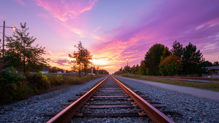 Sunset over tranquil railway tracks in a rural area showcasing beautiful purple and orange cloudsの素材