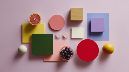 Colorful arrangement of geometric shapes and fruits on pastel surface creating a vibrant compositionの素材