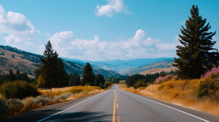 Wide open road through vibrant landscape under a blue sky with fluffy clouds in late summer afternoonの素材