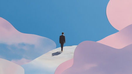 Businessman walks confidently on a white surface under a clear blue sky with soft pastel clouds in the background during a sunny dayの素材