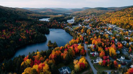 Stunning autumn landscape with vibrant foliage and serene lakes in a picturesque townの素材