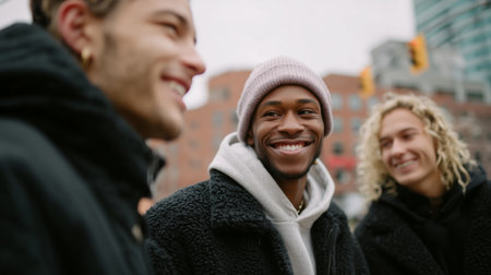 Friends sharing laughter during a chilly day in a vibrant urban setting while enjoying each otherâs companyの素材