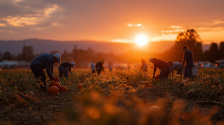 Workers gather pumpkins during sunset in a rural farm fieldの素材