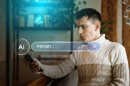 Young man engaging with smartphone in a cozy indoor setting while exploring digital content in the late afternoonの写真素材